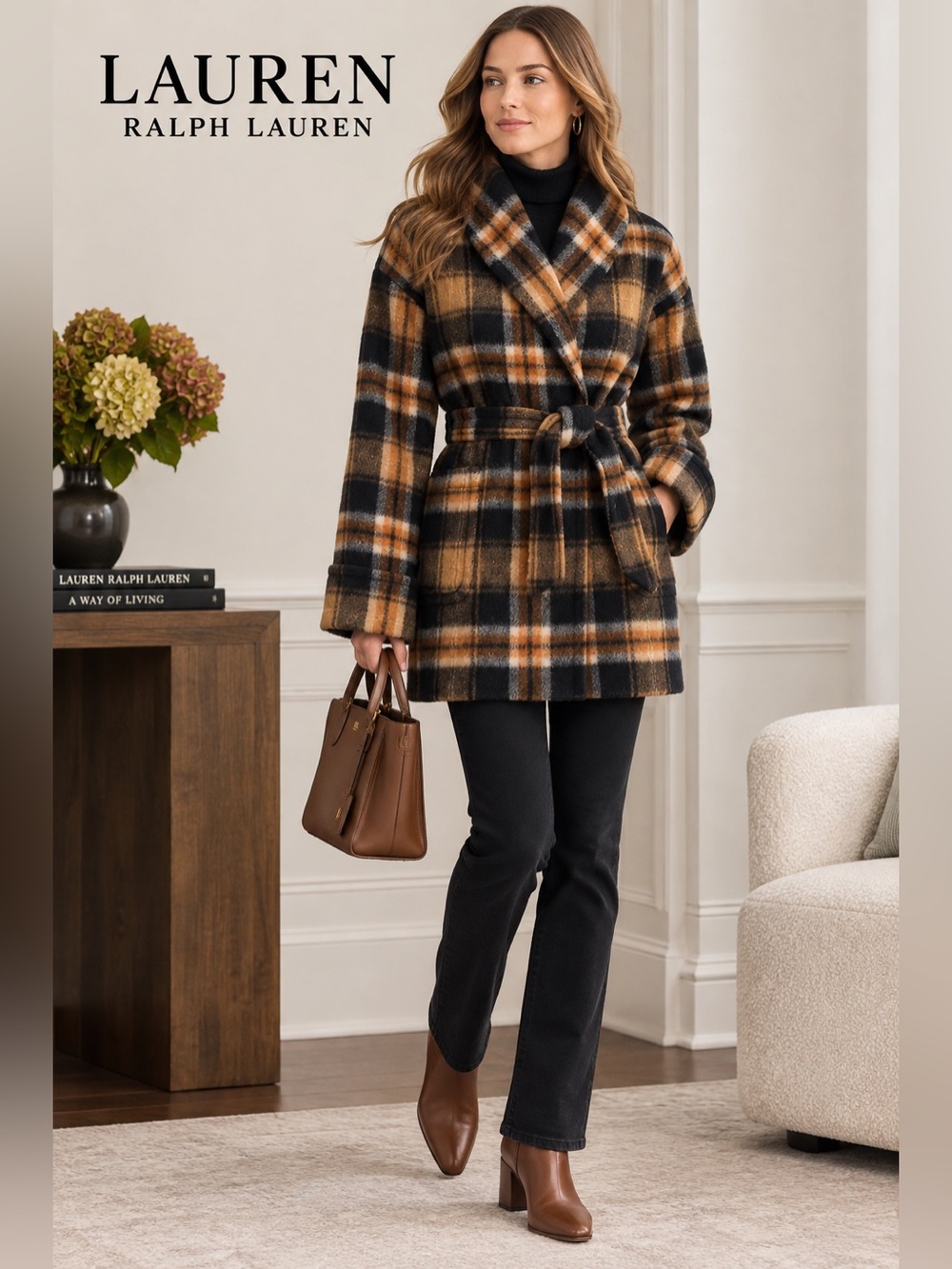 NWT Lauren Ralph Lauren Women's Plaid Shawl Collar Wrap Jacket
